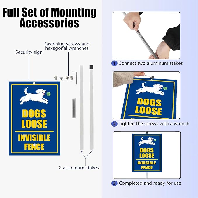Dog Loose Invisible Fence Yard Sign With Stake Reflective Aluminum Rustproof Attention Garden Lawn Dog Sign Stand For Home Neighborhoods Garden Street Outdoor Decorations (8x12) IN