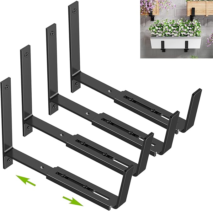 Y&M 4 PCS Adjustable Window Box Brackets for Planter Box, Heavy Duty Wall Mounted Hooks Hangers for Flower Baskets Holder Durable, Hanging Brackets for Fence Patio Garden Balcony