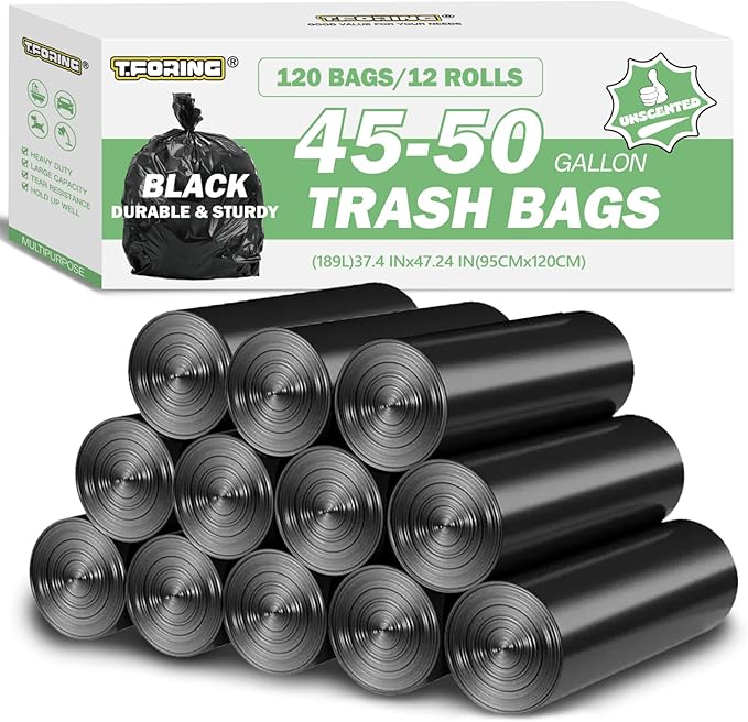 45-50 Gallon Trash Bags Unscented, 38'' x 47'', Black, 120 Count | Large 40+ Gal Garbage Bag,Plastic Can Liners,Fit 168 - 187 Liter Bins,Multipurpose for Home, Commercial Use,Yard Waste, Bulk
