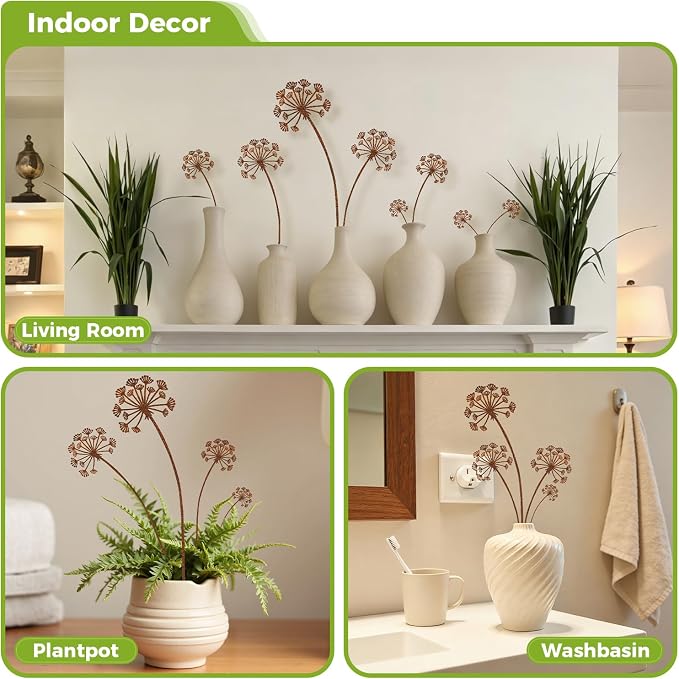 KODIBO 5-Pack Garden Stakes Decorative, Metal Dandelion Yard Stakes Outdoor Decor, Antique Rust Patina Yard Art, Rustic Garden Accents for Lawn, Border, Planters, Patio & Front Yard Landscaping