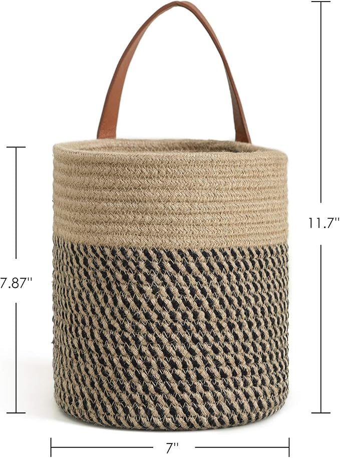 Goodpick 2pack Jute Rope Hanging Basket - 7.87" x 7" Small Woven Fern Wall Hanging Basket Flower Plants, Woven Storage, Black and Jute