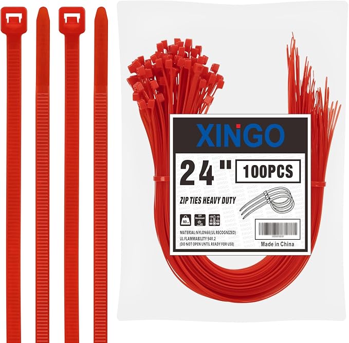 XINGO 24 inch Red Zip Ties Heavy Duty (100 Pack), 60lb Tensile Strength, UV Resistant Cable Ties for indoor and outdoor use