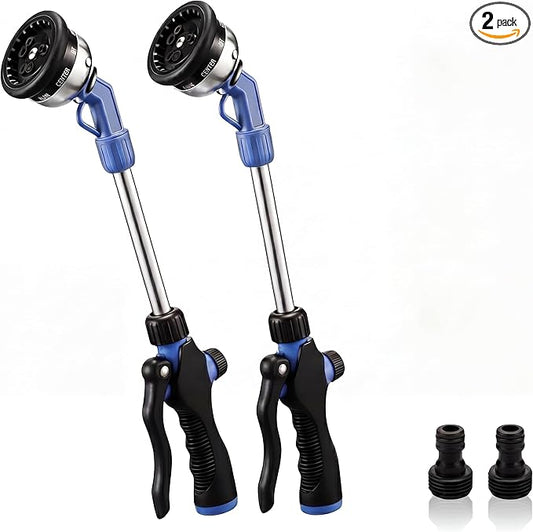 Hushee 2 Pack Garden Hose Wands 16'' Heavy Duty Metal Watering Wands with 180° Swivel Head Adjustable 9 Spray Patterns Long Hose Nozzle Sprayer Control for Hanging Baskets Tall Plants Car Wash