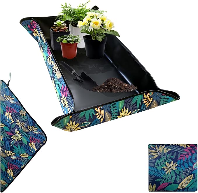 Plant Transplanting Mat - Thickened Waterproof Potting Mat, Succulent Gardening Mat, Portable Repotting Mat for Mess Control, Indoor Outdoor Use, PVC Black Leaf Print, 39.5"x31.5"