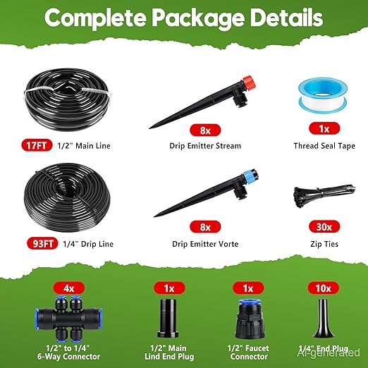 110FT Drip Irrigation System Kit, Automatic Garden Watering System Quick-Connect Adjustable Sprinklers for Raised Garden Beds, Greenhouse, Yard, Lawn, Plant with 1/2" & 1/4" Tubing and Accessories
