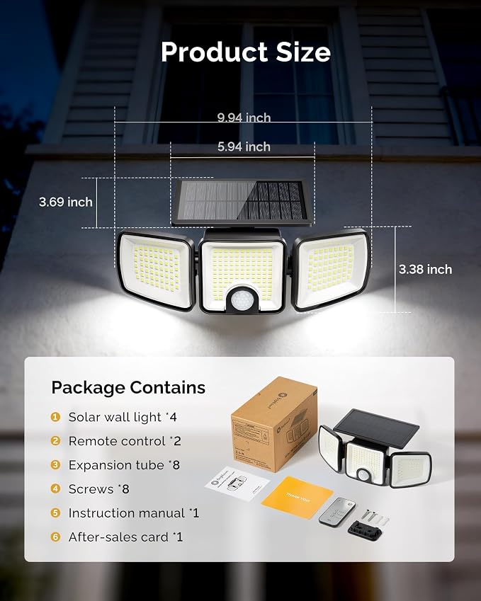 Brightown 4 Pack Solar Outdoor Lights, 2500LM 223 LED Solar Flood Outdoor Lights with Motion Sensor 3 Modes, 3 Head 270° Wide Angle Street Area IP65 Waterproof Security Wall Lights with Remote