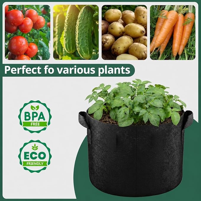 5 Pack 3 Gallon Fabric Grow Bags, Heavy Duty 300G Thickened Aeration Nonwoven Fabric Garden Pots with Handles, Planting Bag for Tomato, Potato, Strawberry, Vegetable, Fruits and Flowers