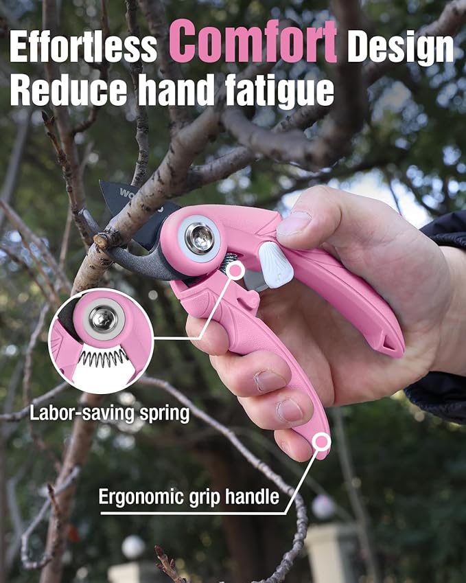 WORKPRO 6.9" Bypass Pruning Shears, Garden Shears with Sharp SK5 Steel Blade, Handheld Garden Floral Clippers Gardening Scissors for Rose, Plants, Flowers, Gardening Gifts for Women & Men-Pink Ribbon