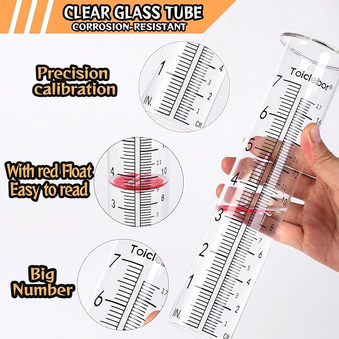 Rain Gauge Outdoor,7 Inch Capacity Garden Rain Gauge with Easy-Read Red Float,Accurate Dual Scale (Inch & cm),Heavy-Duty Glass Tube with Metal Stand,Ground or Wall Mount for Yard & Lawn