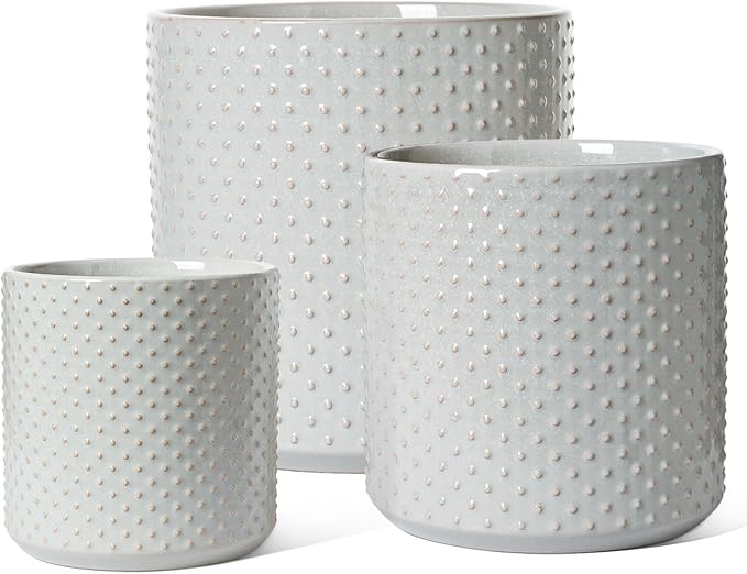 LE TAUCI 10+8+6 Inch Ceramic Pots for Plants, Indoor Planters with Drainage Hole and Plug, Raised Dots Cylinder Flower Pots Set of 3 for Office and Living Room, Glossy, Star Gray