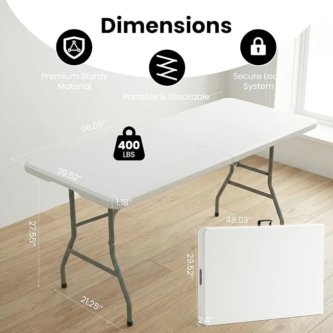 8 Foot Foldable Table with Built in Handle & Steel Legs, 8FT Portable Heavy Duty Plastic Folding Tables for Parties, Dining, Wedding, Events, Picnic, Indoor & Outdoor, Camping, Utility