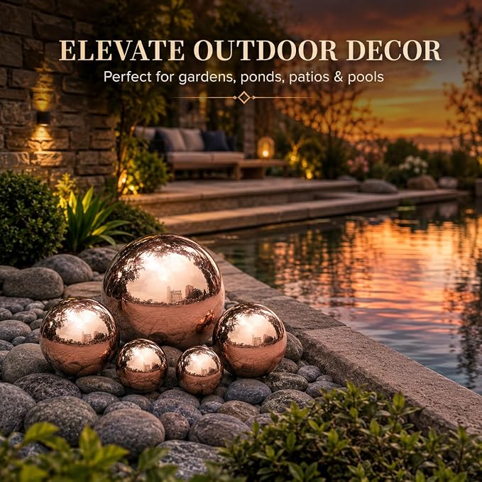 Nerien Gazing Ball, Stainless Steel Garden Mirror Globe, Polished Ornament Sphere, Hollow Floating Reflective Hemisphere, for Home Outdoor Pond Housewarming Swimming Pool Decoration, Rose Gold, 5Pcs