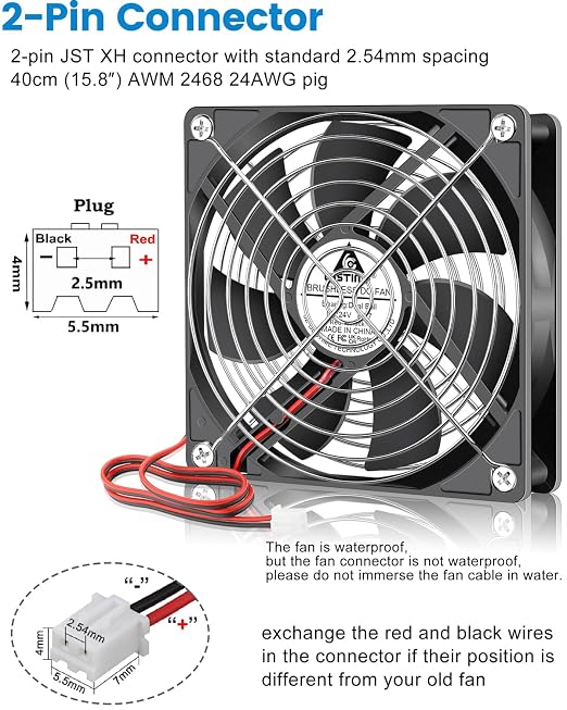GDSTIME 120mm x 25mm Waterproof Fan, 24V DC IP67 Rating High Speed Dual Ball Bearing Brushless Computer Case Cooling Fans 2-Pin for RV Fridge, DIY Ventilation Exhaust Projects, 2-Pack