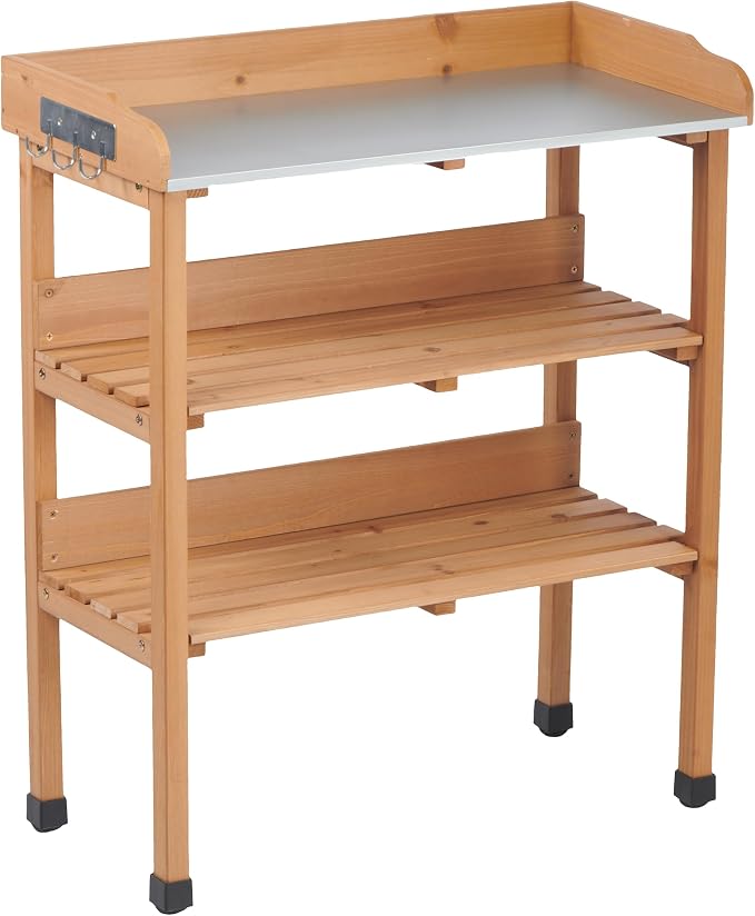 Outdoor Potting Table 30x14.5x35.5 Inches, Metal Top Workbench with 3 Layers and Hooks, Solid Wood Garden Workstation for Garage Use
