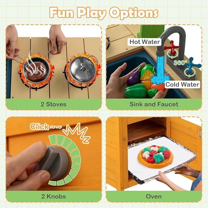 HONEY JOY Mud Kitchen, Fir Wood Outdoor Play Kitchen for Toddlers, Stove, Faucet, Sink, Cookware Accessories, Storage Cabinet, Mud Table Playset for Kids Backyard, Gift for Boys Girls, Natural
