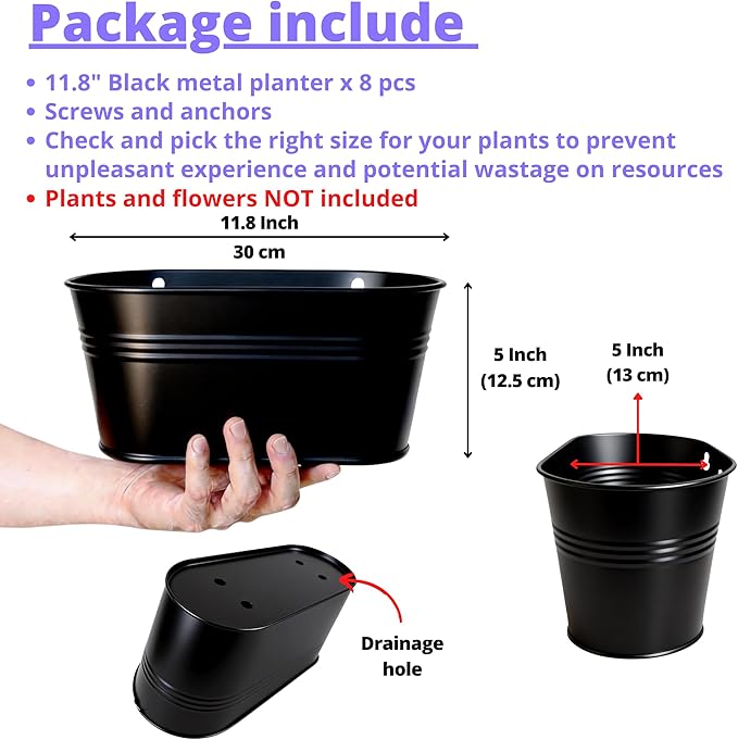 LaLaGreen Wall Planter (11.8 Inch, 8 Pack) Black Oval Metal Hanging Decor Plant Holder Indoor Wall Planters for Indoor Plants Porch Plants Balcony Decoration Mounted Window Planters Pots Pot Baskets