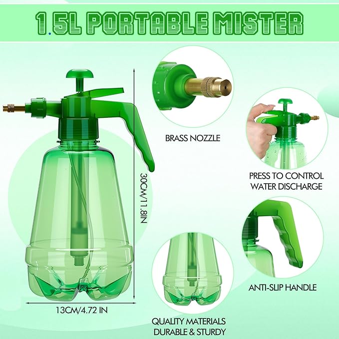 Teenyyou 2 Pcs 1.5 Liter Misters Spray Pump Bottle with Full Neoprene Jacket and Built in Carrying Strap Garden Plant Mister Spray Bottle for Spring Personal Cooling Plants Watering (Green)