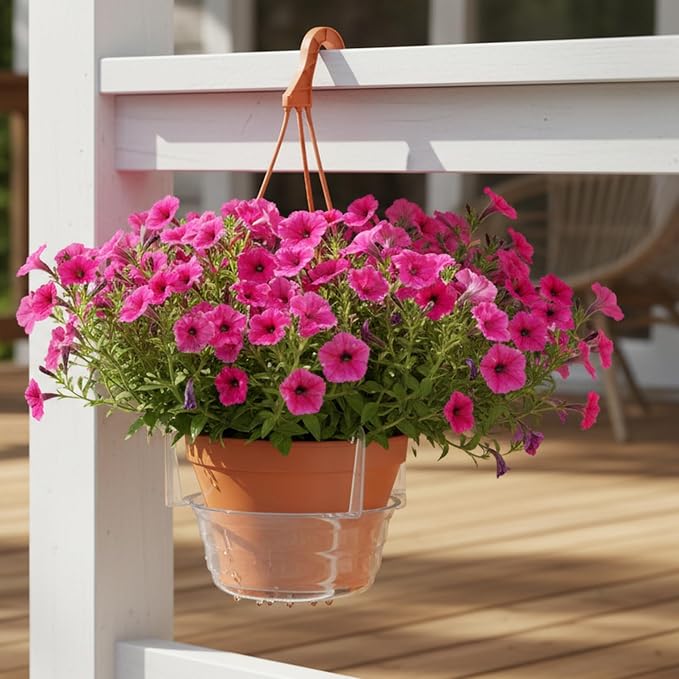 Curtis Wagner Plastics Hanging Basket Drip Pans (5-Pack) | Clear, Round (Diameter = Base 7.37", Top 10", Depth 3.7") Hanging Plant Tray Saucer with Built-in Hooks & Water Catcher for Indoor & Outdoor