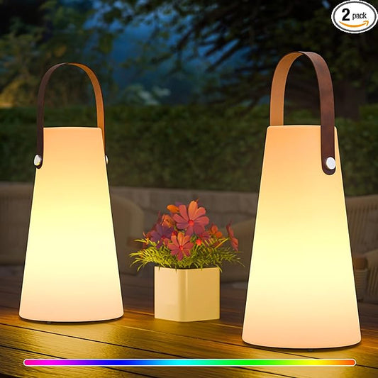 2 Pack Outdoor Lanterns, GGII Rechargeable Camping Lantern with IP44 Waterproof, Battery Operated Outdoor Portable Cordless Table Lamp with RGB Lights for Patio Terrace Balcony Garden (Leather Handle)