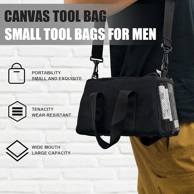 Small Tool Bag,Close Top Wide Mouth Tool Organizer Bag,Large Capacity Tool Bags for Men,Canvas Tool Storage Bag for Storage Handbag for Screwdrivers,Wrench (Shoulder strap+Black, 16 Inch)