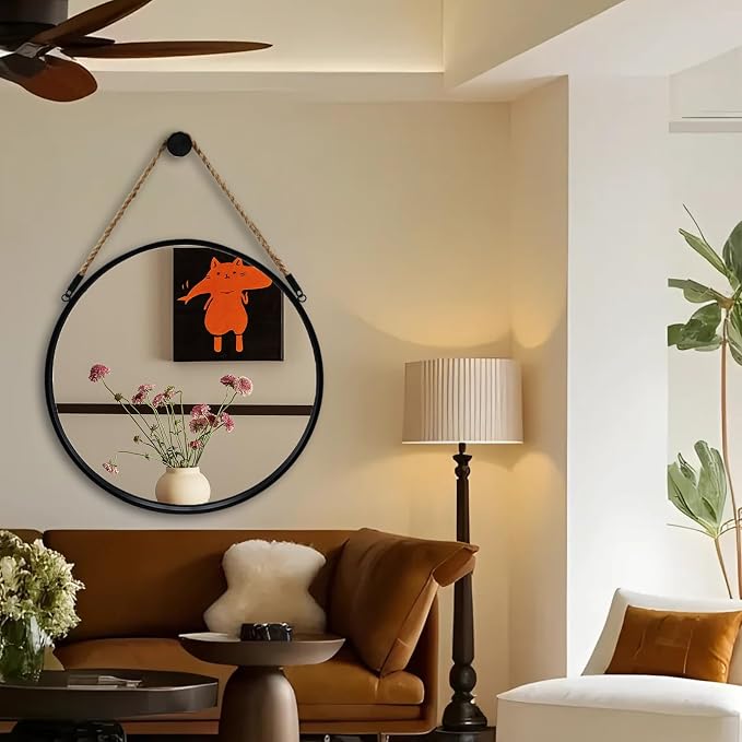 POZINO Round Mirror with Rope, 24 Inch Circle Hanging Wall Mirrors, Black Frame Farmhouse Decorative Mirror for Entryway, Living Room, Fireplace, Bedroom, Bathroom