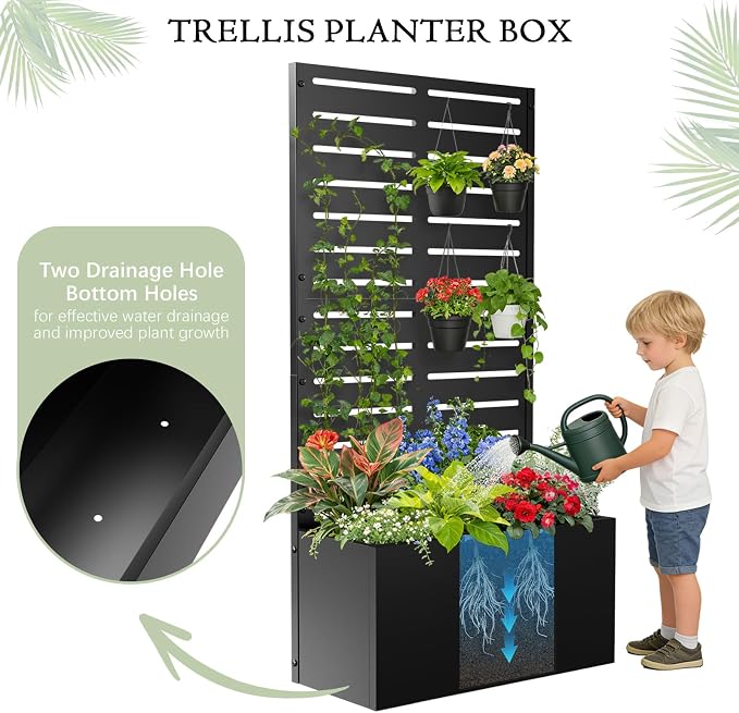 Baotree Metal Raised Garden Bed with Trellis and Wheels, 47"x24"x12" Planter Box for Climbing Plants, Vegetables & Vines, Features Drainage Holes and Privacy Screen (Black-Louvered)