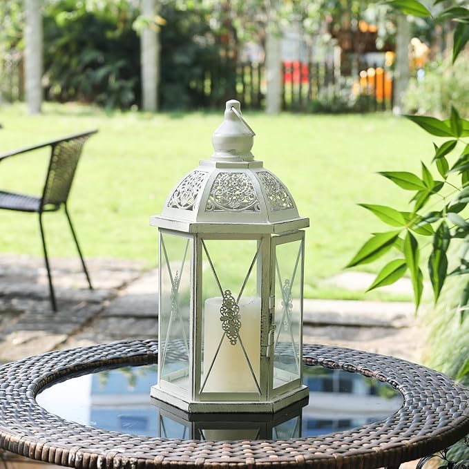Lantern Decorative Indoor & Outdoor, 14.5'' Candle Lantern Farmhouse Home Decor, Hexagon Vintage Hanging Metal Candle Holder for Front Porch Shelf Patio Wedding Party, Christmas Decorations