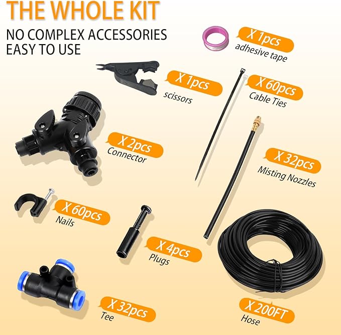 200FT Drip Irrigation System, 2026 Upgrade Garden Watering Kit with 32pcs 360° Adjustable Copper Nozzles, High-Flow DIY Sprinkler System for Large Gardens, Farms, Greenhouses, Lawns (200 ft)