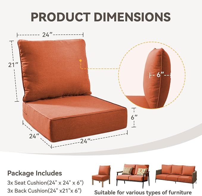 Outdoor Cushion Set for Furniture Patio Furniture, UV Resistant, Water Resistant - 6 Inch Thick Foam Garden Cushions– 24x24 Inch Patio Seat Covers for Chair/Sofa/Couch | Orange | 3-Pack |
