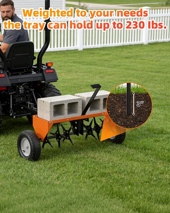 40" Tow Behind Aerator, Pull Behind Lawn Aerator Tool with Universal Hich, 24 Rust-Proof Knives & Heavy-Duty Tires, Plug Aerator for Yard & Garden Compacted Soil, Fits Lawn Tractors, ATV, UTV, Orange