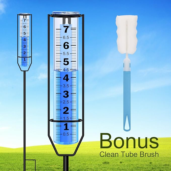 Rain Gauge Upgraded, 7" Freeze Proof Thickened Rain Gauge Outdoor Best Rated, Large Clear Numbers and Adjustable Height Rain Measuring Tool for Garden, Yard, Lawn, Patio, and Farm Use