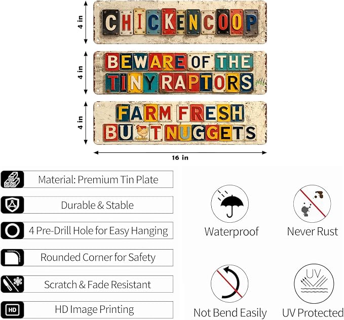 Chicken Coop Signs for Outside Beware of The Tiny Raptors Chicken Signs Vintage Farm Chicken Accessories Kitchen Wall Decor Funny Chickens Coops Metal Tin Sign Outdoor Yard Decorations Gifts 16x4 Inch