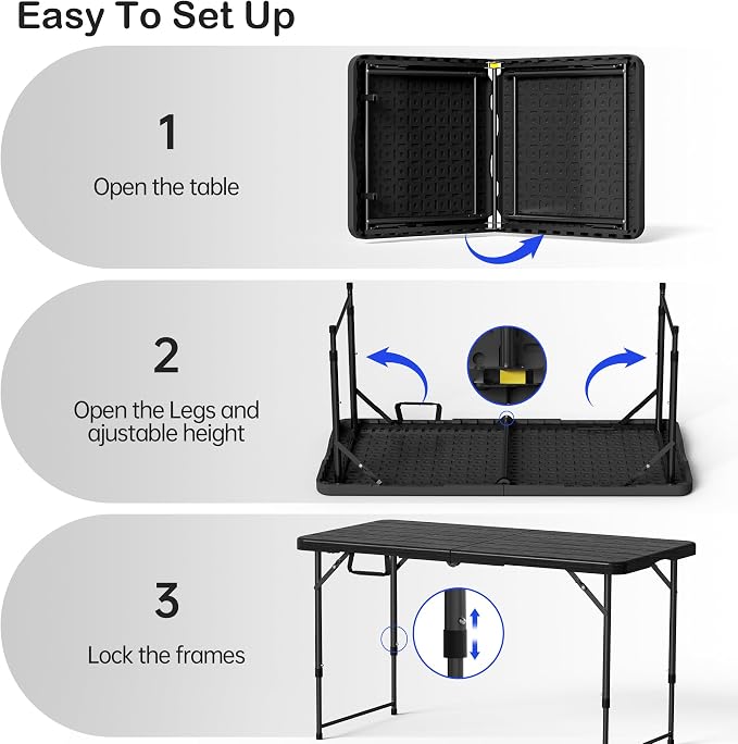 VSOAEIL Set of 2Folding Table 4 Foot for Indoor Outdoor, Portable Heavy Duty Fold-in-Half Utility Small Plastic Adjustable Height Folding with Carrying Handle for Picnic and Party, 2 Pack Matte Black