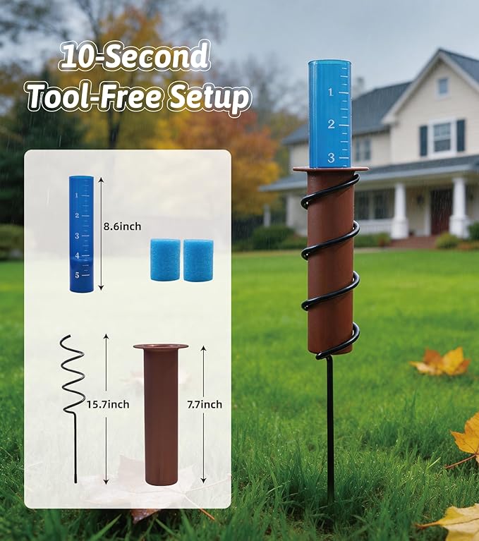 16.5″ Rain Gauge Outdoor Decorative with Floating Blue Tube, 7.8″ High Precision Plastic Rain Guage for Garden Yard Lawn, Freeze Proof Professional Measuring Tool with Large Scale and Steel Stake