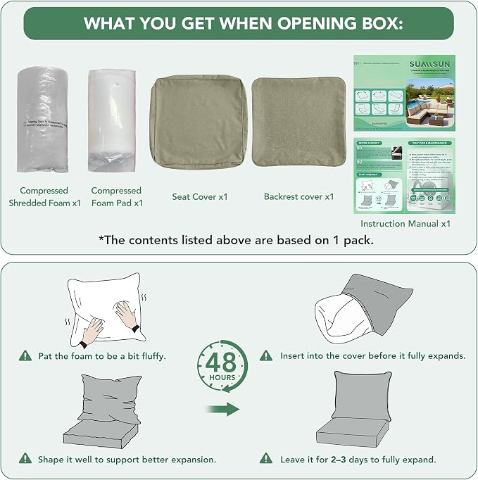 Summsun Water Resistant Outdoor Chair Cushions, Faux Linen Backrest and Deep Seat Cushion Set with Ties, Removable Cover, Non-Slip Bottom for Patio Furniture, 24 x 24 Inch, Mocca Green, Set of 2