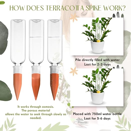 Ziliny 8 Pack Terracotta Watering Spikes Devices, Plant Self Watering Spikes with 25 oz Plastic Wine Bottles, Slow Release Vacation Insert Plant Waterer Devices for Indoor Outdoor