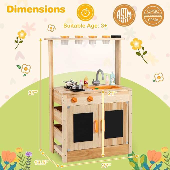 Costzon Mud Kitchen, Fir Wood Outdoor Play Kitchen with 4 Planting Pots, Stoves, Removable Sink, Acrylic Panel, Chalkboards & Accessories, Kids Kitchen Playset for Backyard Garden, Gift for Boys Girls
