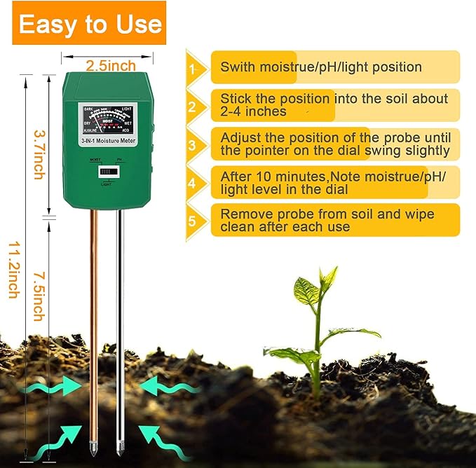 Soil Test Kit for Moisture, pH& Sunlight Meter,3 in 1 Soil Tester for Plant, Vegetables, Garden, Lawn, Farm, Indoor/Outdoor Use (No Battery Need) (Green 2.0)