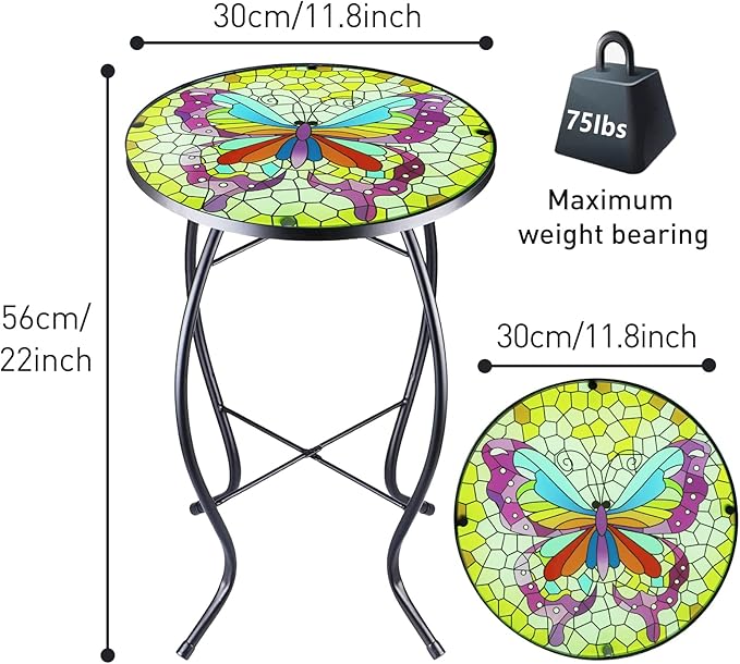 Arbuxzuy 12 Inch Small Outdoor Side Table with Colorful Butterfly, Glass Mosaic Patio Table Indoor, Round Plant Coffee Table for Living Room, Balcony, Garden