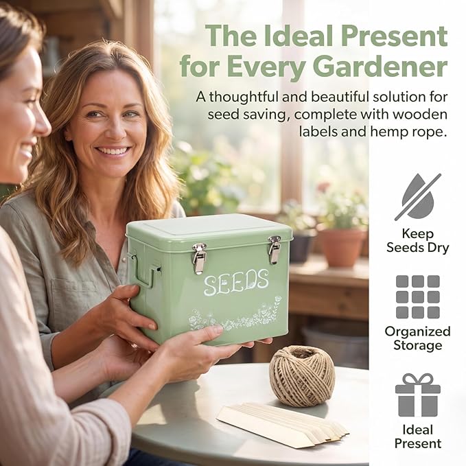 Covzoe Seed Storage Organizer, Metal Seed Saving Box with Garden String and 10 Wood Plant Labels, 3 Compartment Seed Container Bin with Lid and Safety Locks, Perfect for Flower Plants Garden Lover