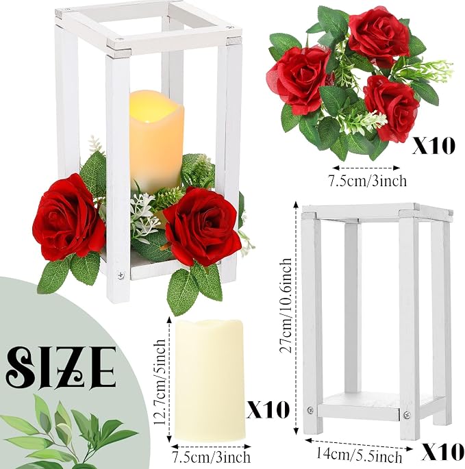Hushee 30 Pcs Integrated Wedding Lantern Centerpiece Rustic Wooden Holder with Candles and Rings Farmhouse Candle Lantern Decor for Home Valentine Wedding Party Table Decor (White and Red)