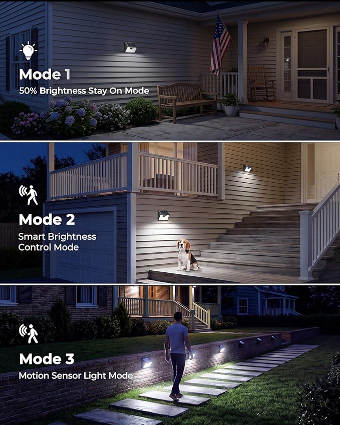 Peasur Solar Powered Lights Outdoor, 140 LED 8Pack Motion Sensor Light Outside, IP65 Waterproof Fence Security Lighting with 3 Modes for Yard Wall Garden Cool White