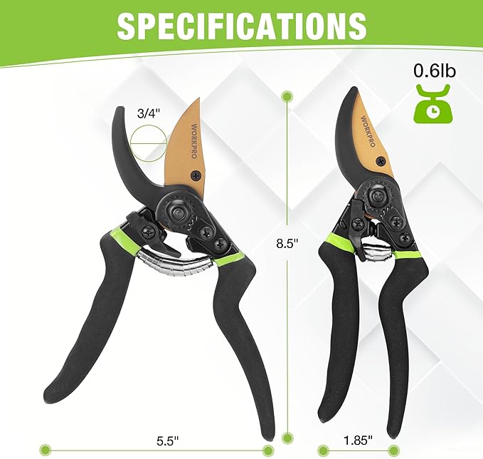 WORKPRO 8.5" Bypass Pruning Shears, Die-cast Aluminum Handle, Garden Shears with Sharp SK5 Blade, Garden Clippers, Hand Pruner for Branches, Flowers, Fruits, Plants, Effortlessly Prunes 3/4" Branches