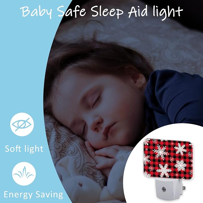 Night Light Snowflakes on Buffalo Plaid Plug-in Wall LED Night Lamp with Dusk-to-Dawn Smart Sensor Lamp for Adult Bedroom Living Room Hallway Kitchen