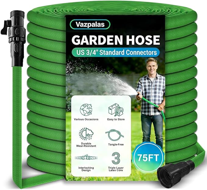 Garden Hose 75ft, Pliable lightweight Water Hose with Triple Layer 3/4" Fittings Ergonomic Grip Indoor & Outdoor Use Gift for Lawn Backyard Collapsible & Car Wash Watering Plants Green