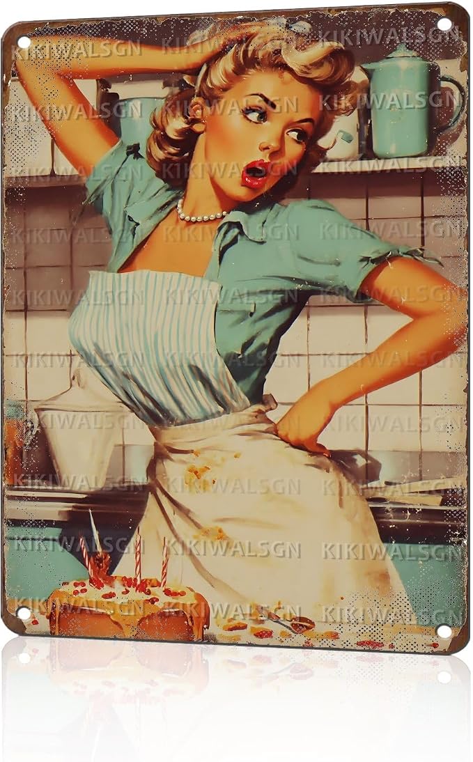 50s Funny Kitchen Wall Art Retro Housewife Cake Baking Disaster Sign Vintage Baker Poster Decor 12X16Inch