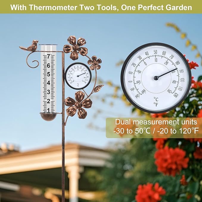 shumi Rain Gauge Outdoor with Thermometer Garden Decor, Bird and Flower Decorative Outdoor Rain Gauges for Yard Patio Lawn, Gardening Gifts for Women
