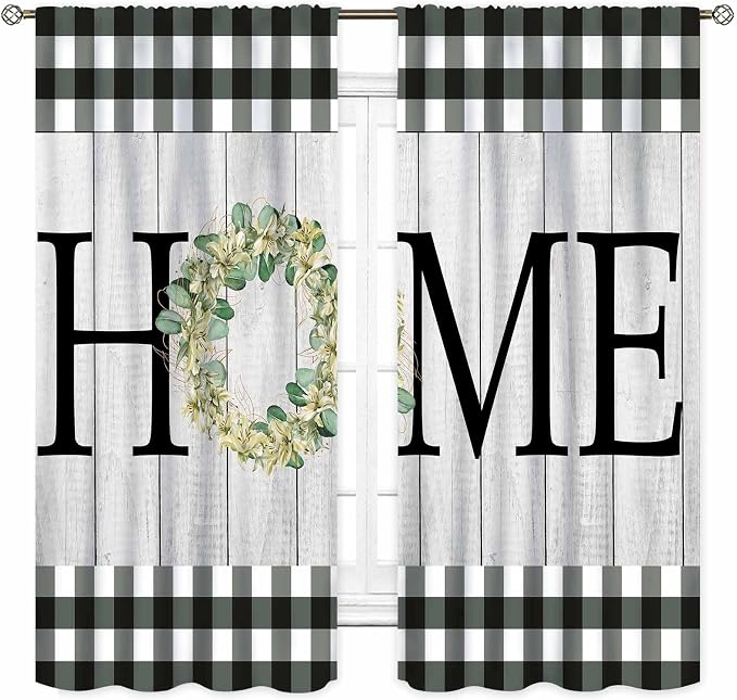 Farmhouse Curtains, Rustic Black White Checkered Plaid Wood Board Country Cottage Old Plank Botanical Wreath Drapes Window Curtains for Living Room Bedroom Kitchen Home 2 Panels, 84"x63" Inch