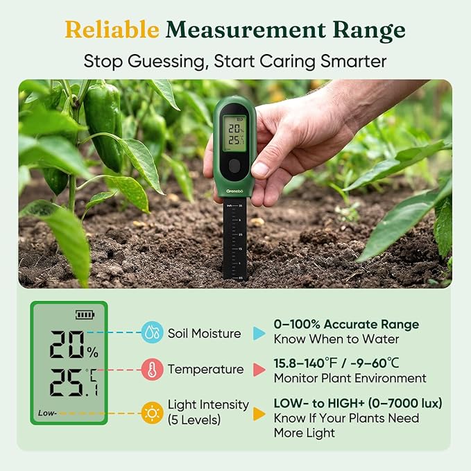 Grenebo 3-in-1 Soil Moisture Meter, Digital Plant Water Meter, Temperature & Sunlight Intensity Sensor, LCD Display Soil Tester for Gardening, Farming, Plant Care, Indoor & Outdoor Plants（Green）