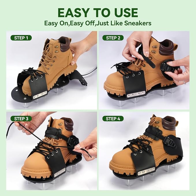 HFH Heavy Duty Lawn Aerator Shoes with Upgraded Ratcheting Buckles | Indestructible nylon soles with 1.75 in spikes. Quick-lock ratcheting buckles ensure an upgraded no-slip secure fit.